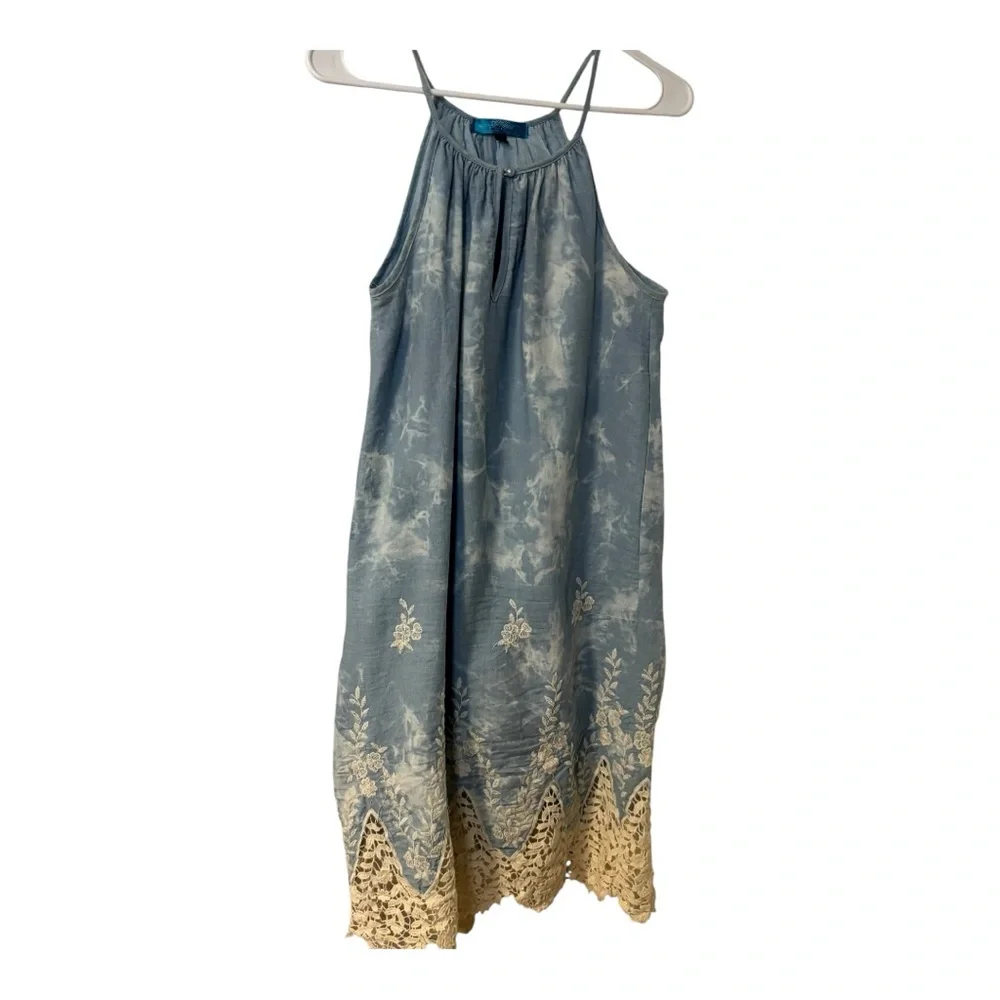 Blue & Cream Womens Tie dye Sleeveless Boho Cottagecore Crochet Hem Dress Small